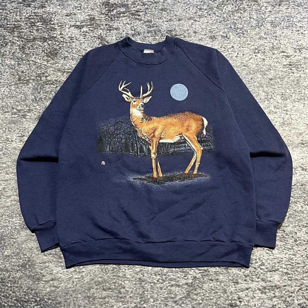 Vintage 90s Deer Moon Crewneck Sweatshirt Mens XL Blue Animal Nature Jerzees USA